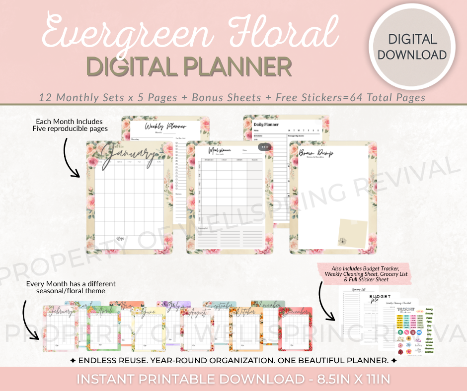 Evergreen Floral Digital Planner | 64 Pages