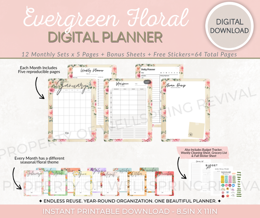 Evergreen Floral Digital Planner | 64 Pages