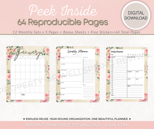 Evergreen Floral Digital Planner | 64 Pages