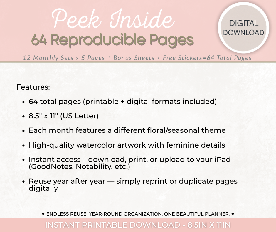 Evergreen Floral Digital Planner | 64 Pages