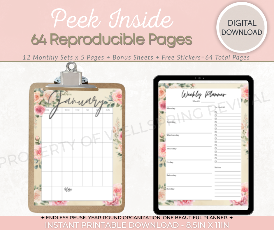 Evergreen Floral Digital Planner | 64 Pages
